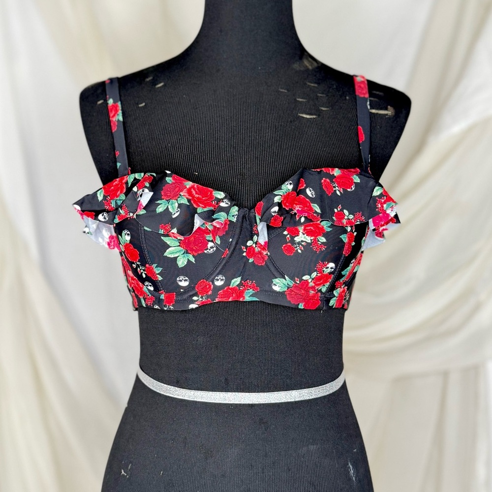 Hot Topic Black and Red Floral Swim Top